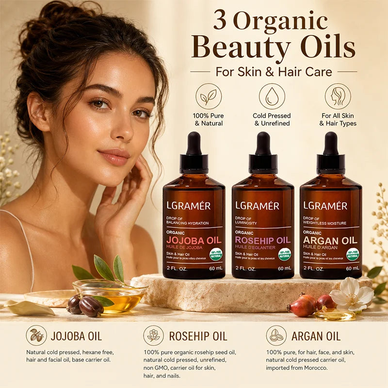 Organic Cold Pressed Argan/ Rosehip /Jojoba Oil Set Multi-Use Hydrating Repair Oil For Hair Face Body Massage Skin Care 60ml