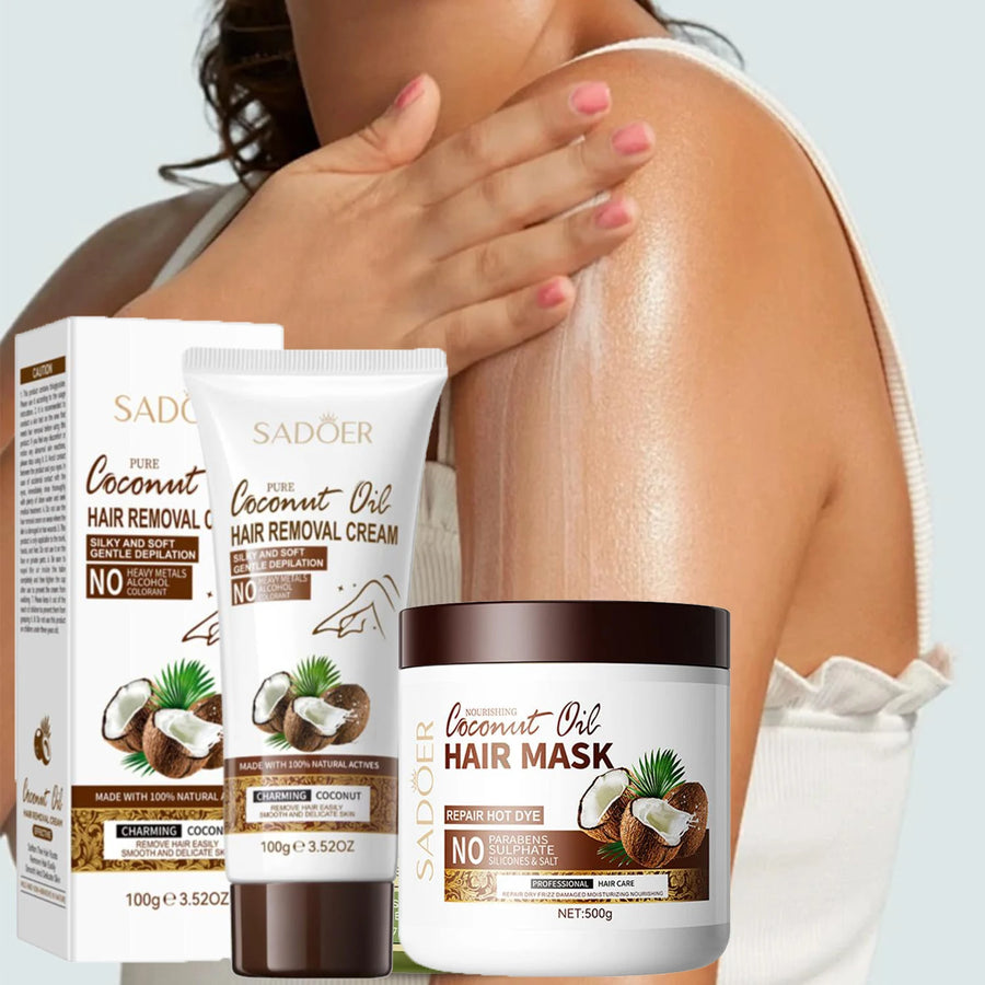Coconut Oil Moisturizing Cream Hair Mask Hair Removal Cream Set for Dry Skin Deep Hydration Lotion for Face Body Softens Smooth