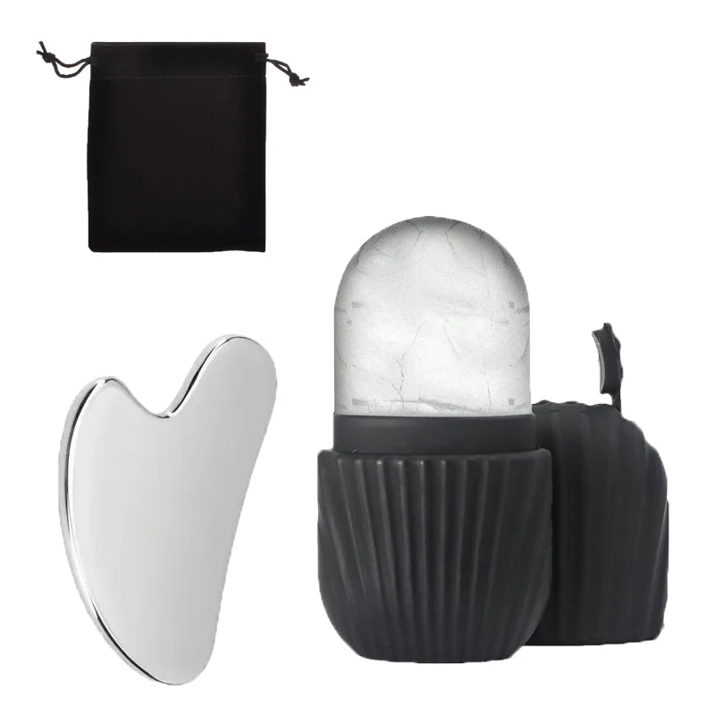 3-piece facial cleansing tool, stainless steel heart-shaped scraping tool, ice facial roller, a flannel bag