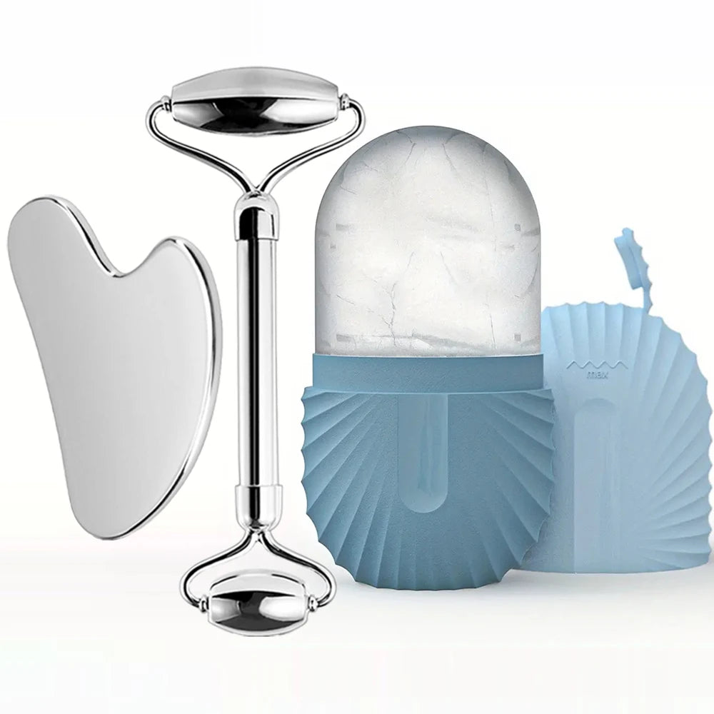 Ice Face Roller Facial Skincare Ice Roller Set, Stainless Steel Facial Roller Gua Sha Face Tool Face Massage Roller Mold